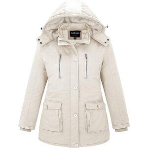 Women's Detachable Beige Hood Jacket Coat Fleece Lined Button Closure Designed